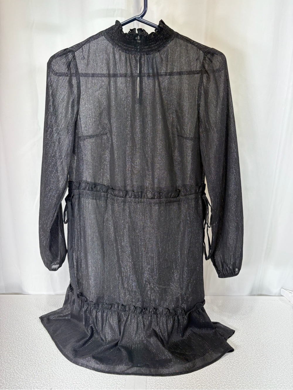 LOFT Black Sheer Long-Sleeve Ruffle-Hem Dress with Tie Waist 4230